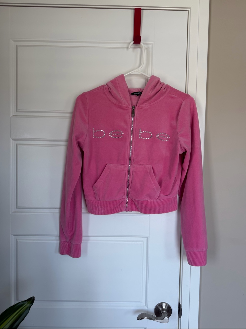 bebe Pink Velour Zip-Up Hoodie with Rhinestone Logo